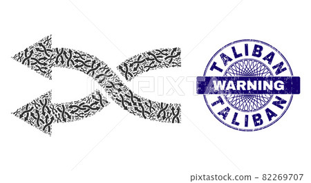 Shuffle Arrows Left Fractal Mosaic of Shuffle Arrows Left Icons and Grunge Taliban Warning Round Guilloche Stamp 82269707