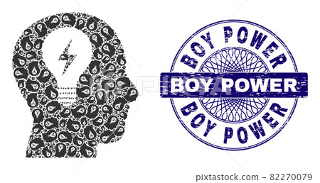 Head Bulb Fractal Collage of Head Bulb Items and Scratched Boy Power Round Guilloche Stamp 82270079