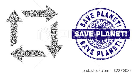 Recycle Recursion Collage of Recycle Icons and Scratched Save Planet! Round Guilloche Seal Stamp Recycle Recursion Collage of Recycle Icons and Scratched Save Planet! Round Guilloche Seal Stamp 82270085