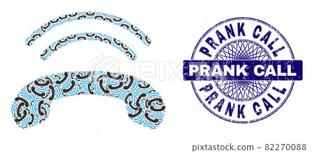 Phone Ring Recursion Mosaic of Phone Ring Icons and Textured Prank Call Round Guilloche Stamp 82270088