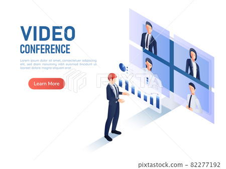 Isometric Web Banner Businessman Discussing Financial Analysis Chart While Video Conference 82277192