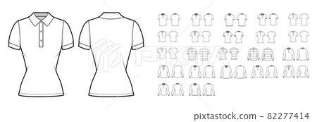 Set of Polo Shirts technical fashion illustration with long short sleeves, tunic length, henley neck, oversized fitted 82277414