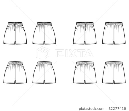 Set of Sport training shorts Activewear technical fashion illustration with elastic high low waist, pockets micro length Set of Sport training shorts Activewear technical fashion illustration with elastic high low waist, pockets micro length 82277416