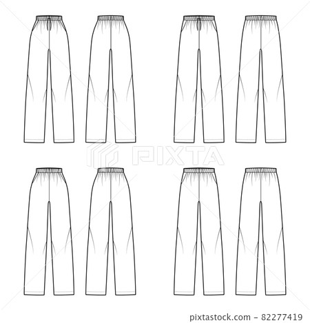 Set of Pull-On Pants Sport training shorts technical fashion illustration with high low waist, Relaxed fit, ankle length Set of Pull-On Pants Sport training shorts technical fashion illustration with high low waist, Relaxed fit, ankle length 82277419