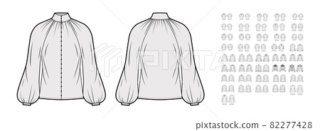 Set of blouses, tops, shirts technical fashion illustration with fitted oversized body, short elbow long sleeves. Flat 82277428
