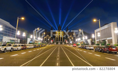 The Palau Nacional and street with parked cars at night 82278804