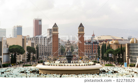 Plaza de Espana, The Venetian Towers, fountain, view from The Palau Nacional in Barcelona Plaza de Espana, The Venetian Towers, fountain, view from The Palau Nacional in Barcelona 82278820
