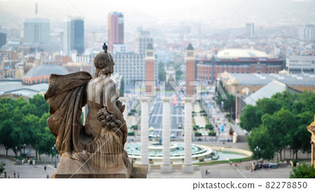 The Palau Nacional statue with pigeon in Barcelona The Palau Nacional statue with pigeon in Barcelona 82278850