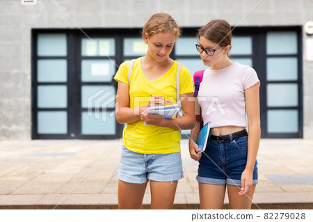 Girls talking about homework outdoors 82279028