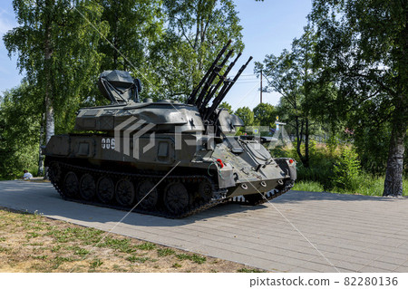 Priozersk, Russia - July 10, 2021: Soviet self-propelled anti-aircraft gun ZSU-23-4 Shilka on the site in front of the Korela Fortress Museum in the city of Priozersk in the Leningrad Region 82280136