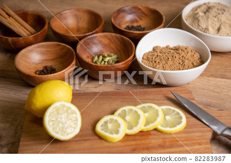 Lemon, spice and sugar cola ingredients Lemon, spice and sugar cola ingredients 82283987