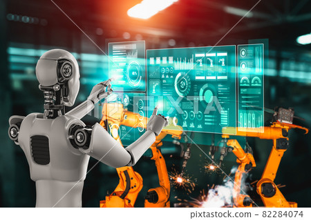 Mechanized industry robot and robotic arms for assembly in factory production . Mechanized industry robot and robotic arms for assembly in factory production . 82284074