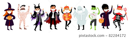 Halloween set of kids in costumes and medical protective masks from COVID-19. Halloween set of kids in costumes and medical protective masks from COVID-19. 82284172