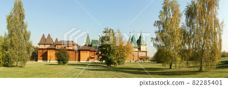 Wooden palace in Kolomenskoe (panorama). Reconstruction of the building 17 century, Moscow, Russia Wooden palace in Kolomenskoe (panorama). Reconstruction of the building 17 century, Moscow, Russia 82285401