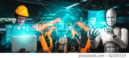 Mechanized industry robot and human worker working together in future factory 82285514