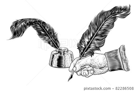 Quill Feather Ink Pen Hand Vintage Woodcut Print Quill Feather Ink Pen Hand Vintage Woodcut Print 82286508