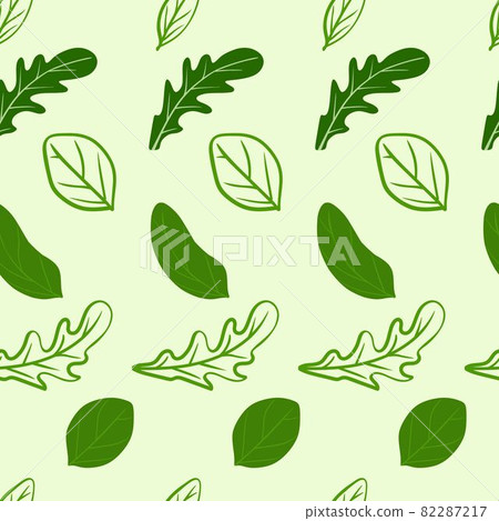 Arugula and basil leaves pattern on a light green background. For use on textiles, packaging paper, souvenirs, printing, posters, postcards. 82287217