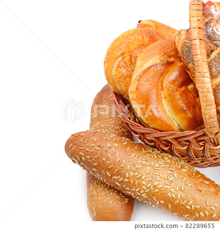 Bread and sweet pastries isolated on white . Free space for text. Bread and sweet pastries isolated on white . Free space for text. 82289655