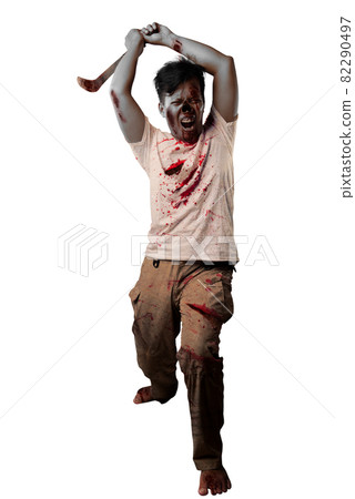 Scary zombie with blood and wound on his body holding sickle standing Scary zombie with blood and wound on his body holding sickle standing 82290497