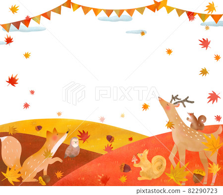 White background vector frame illustration of landscape with Scandinavian flag and fashionable autumn plants and forest animals White background vector frame illustration of landscape with Scandinavian flag and fashionable autumn plants and forest animals 82290723