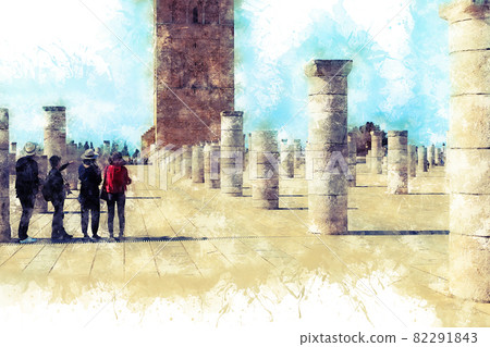 View of the square with ruins and the Hassan tower against the blue sky. Rabat, Morocco View of the square with ruins and the Hassan tower against the blue sky. Rabat, Morocco 82291843