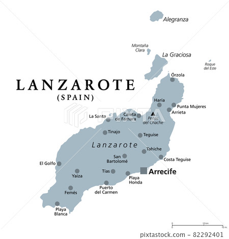 Lanzarote, gray political map with capital Arrecife. Northernmost and easternmost island of Canary Islands, an archipelago and autonomous community of Spain, in Atlantic Ocean off the coast of Africa. Lanzarote, gray political map with capital Arrecife. Northernmost and easternmost island of Canary Islands, an archipelago and autonomous community of Spain, in Atlantic Ocean off the coast of Africa. 82292401