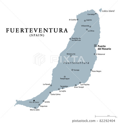 Fuerteventura island, gray political map with capital Puerto del Rosario. Part of Canary Islands, an archipelago and autonomous community of Spain in the North Atlantic Ocean, off the coast of Africa. 82292404