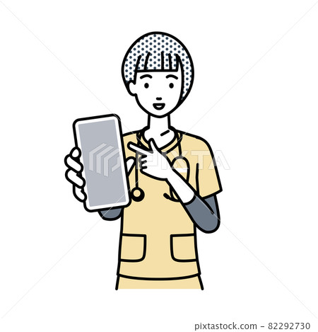 A nurse woman standing and pointing at her smartphone 82292730