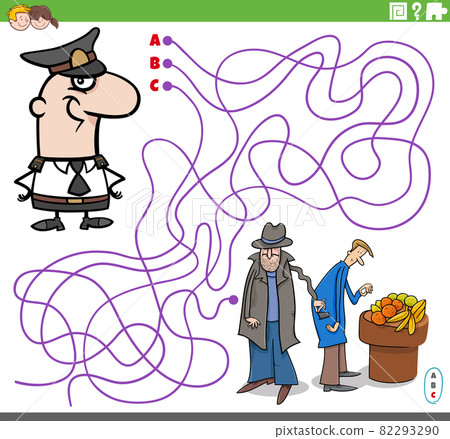 maze game with cartoon policeman character and thief 82293290
