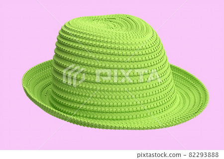 Vintage green straw beach sun hat isolated on pink background and sun protection Vintage green straw beach sun hat isolated on pink background and sun protection 82293888