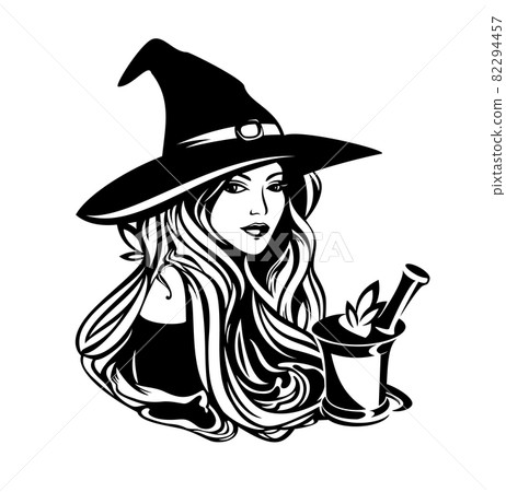 beautiful young witch herbalist healer with mortar and pestle black vector outline portrait beautiful young witch herbalist healer with mortar and pestle black vector outline portrait 82294457