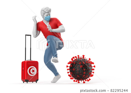 Tourist travelling to Tunisia scared by the virus molecule. Pandemic concept. 3D Rendering 82295244