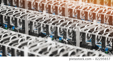 Bitcoin and others cryptocurrencies mining farm. GPU graphic cards rig for cryptocurrency mining. 82295657