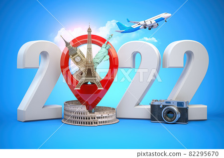 202 Happy new year. Number 2022 and pin with most popular landmarks of the world. New year celebration in London, Paris, Rome or New York. 202 Happy new year. Number 2022 and pin with most popular landmarks of the world. New year celebration in London, Paris, Rome or New York. 82295670