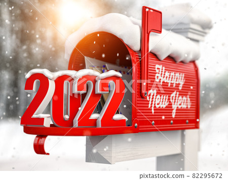 Happy New 2022 Year. Mailbox with letters and number 2022. 82295672