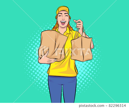 Smile Delivery woman employee courier holding paper packet with food Smile Delivery woman employee courier holding paper packet with food 82296314