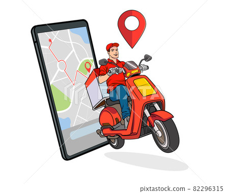 smartphone with fast delivery service by scooter with courier smartphone with fast delivery service by scooter with courier 82296315