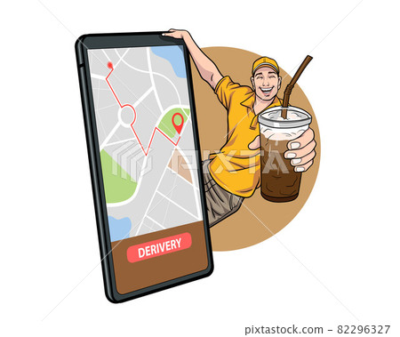 Delivery man employee with cups of coffee online concept 82296327