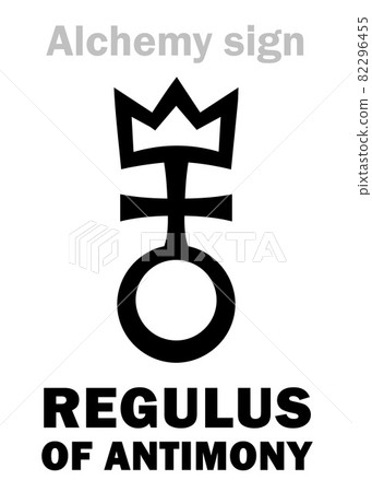Alchemy Alphabet: REGULUS of ANTIMONY (Regulus Antimonii), Antimony regulus, Antimony metal -- pure metal (as opposed to impure ore): Chemical formula=[Sb]. Alchemical sign, Medieval symbol. 82296455