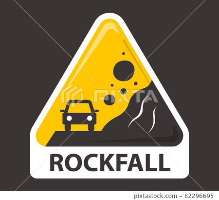 yellow sign caution rockfall. stone falls on a car. 82296695