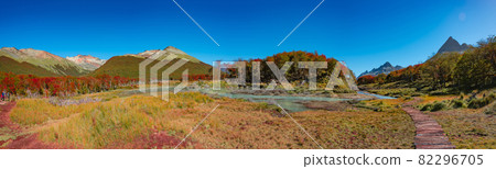 Panoramic view over magical colorful valley with austral forests, peatbogs, dead trees, glacial streams and high mountains in Tierra del Fuego National Park, Patagonia, Argentina 82296705