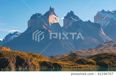 Major peaks, standing high towers teeth, surrounded by wet austral forests and Patagonian steppe, pampas in Torres del Paine National Park, Patagonia, Chile, details. 82296707