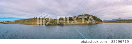 Panoramic view over beautiful sunset at bays in Tierra del Fuego National Park, Beagle Channel, Patagonia, Argentina, early Autumn. 82296719