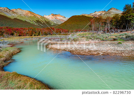 View over magical colorful valley with austral forests, peatbogs, dead trees, glacial streams and high mountains in Tierra del Fuego National Park, Patagonia, Argentina, golden Autumn. 82296730