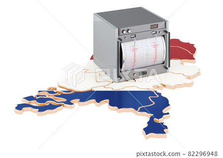 Earthquake in the Netherlands, concept. Seismograph on the the Netherlands map. 3D rendering 82296948