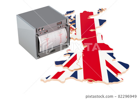 Earthquake in the Great Britain, concept. Seismograph on the British map. 3D rendering 82296949