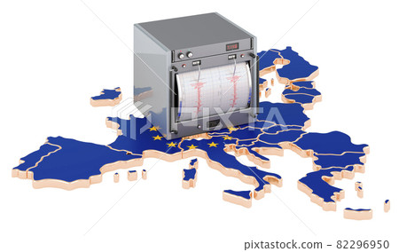 Earthquake in the European Union, concept. Seismograph on the the EU map. 3D rendering 82296950