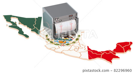 Earthquake in Mexico, concept. Seismograph on the Mexican map. 3D rendering Earthquake in Mexico, concept. Seismograph on the Mexican map. 3D rendering 82296960