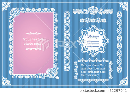 古色古香的花邊框架，絲帶材料套裝。矢量素材。 82297941