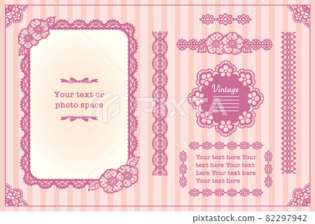 古色古香的花邊框架，絲帶材料套裝。矢量素材。 82297942